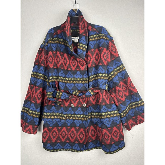 Chaus Jackets & Blazers - Vintage Chaus Cardigan Coat Womens 3X Wool Blend Wrap Belted Aztec Geometric 90s